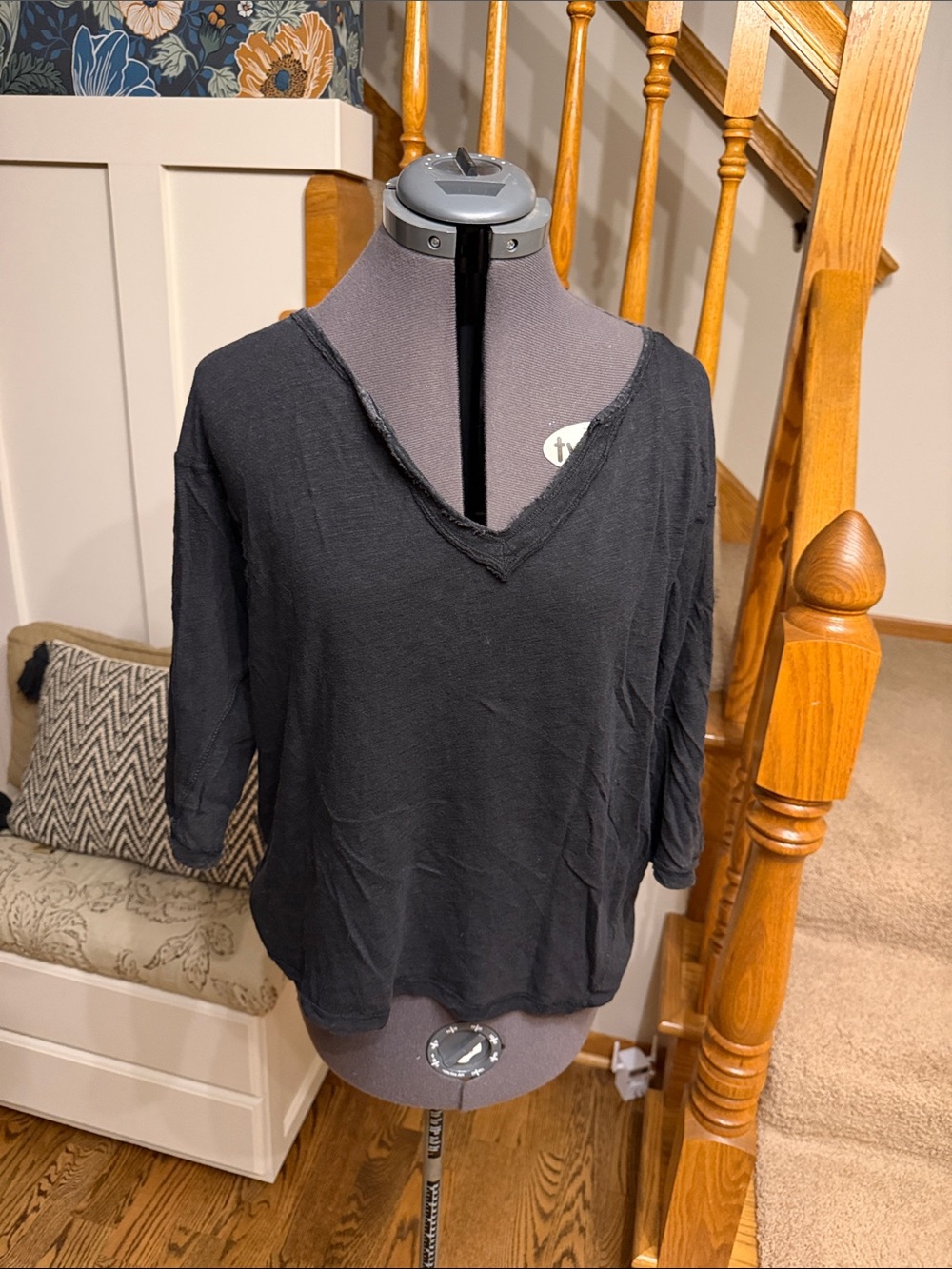 We The Free Black Distressed V-Neck Long Sleeve Top